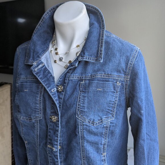 Blue Baccini Denim Jeans Jacket XL Like New Dark Wash Blue Rhinestone Buttons * - Picture 12 of 16